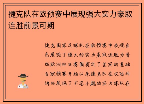 捷克队在欧预赛中展现强大实力豪取连胜前景可期