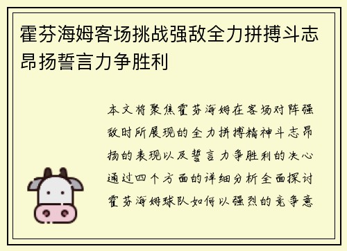霍芬海姆客场挑战强敌全力拼搏斗志昂扬誓言力争胜利
