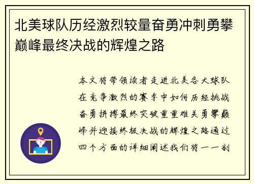 北美球队历经激烈较量奋勇冲刺勇攀巅峰最终决战的辉煌之路