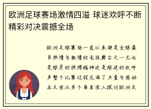 欧洲足球赛场激情四溢 球迷欢呼不断精彩对决震撼全场