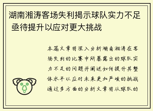 湖南湘涛客场失利揭示球队实力不足 亟待提升以应对更大挑战