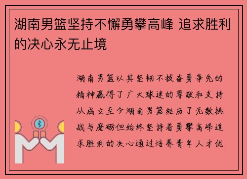 湖南男篮坚持不懈勇攀高峰 追求胜利的决心永无止境