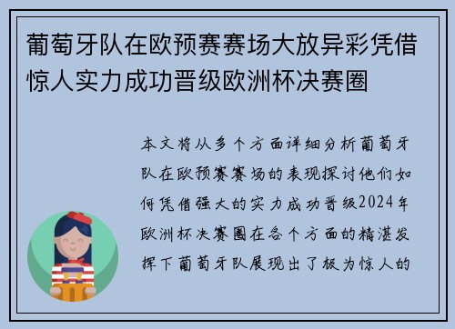 葡萄牙队在欧预赛赛场大放异彩凭借惊人实力成功晋级欧洲杯决赛圈