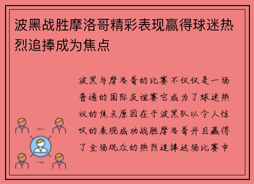 波黑战胜摩洛哥精彩表现赢得球迷热烈追捧成为焦点