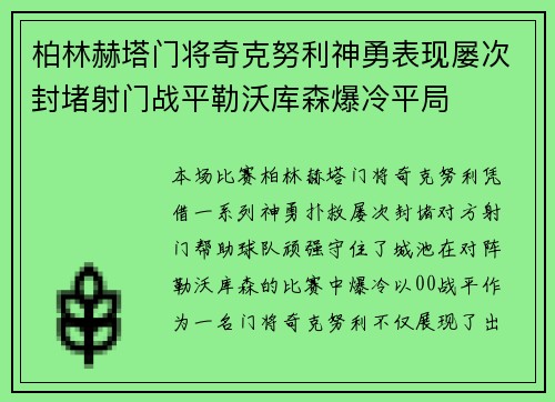柏林赫塔门将奇克努利神勇表现屡次封堵射门战平勒沃库森爆冷平局